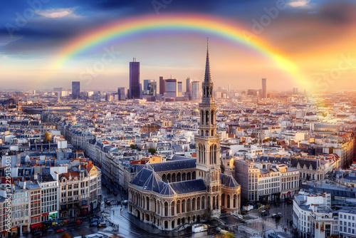 Cityscape with Rainbow Arci...