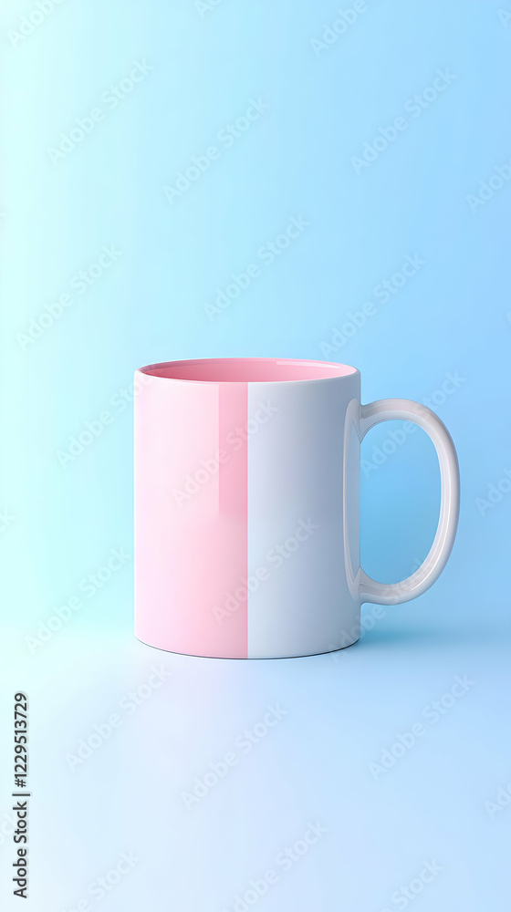 Obraz premium Pink and White Ceramic Mug Sits Elegantly on a Soft Blue Backdrop
