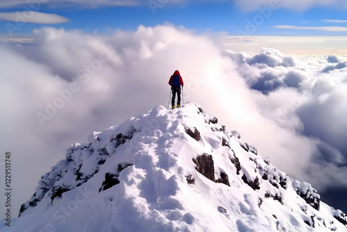 A Climber Stands on a Snowy...