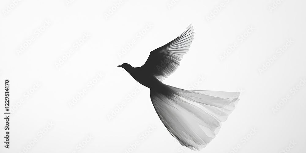 Obraz premium A bird is flying in the sky with its wings spread wide. The bird is black and white, and it is soaring high above the ground. Concept of freedom and grace
