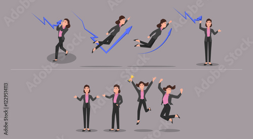 A business woman reflecting for share market expressions. Vector illustration