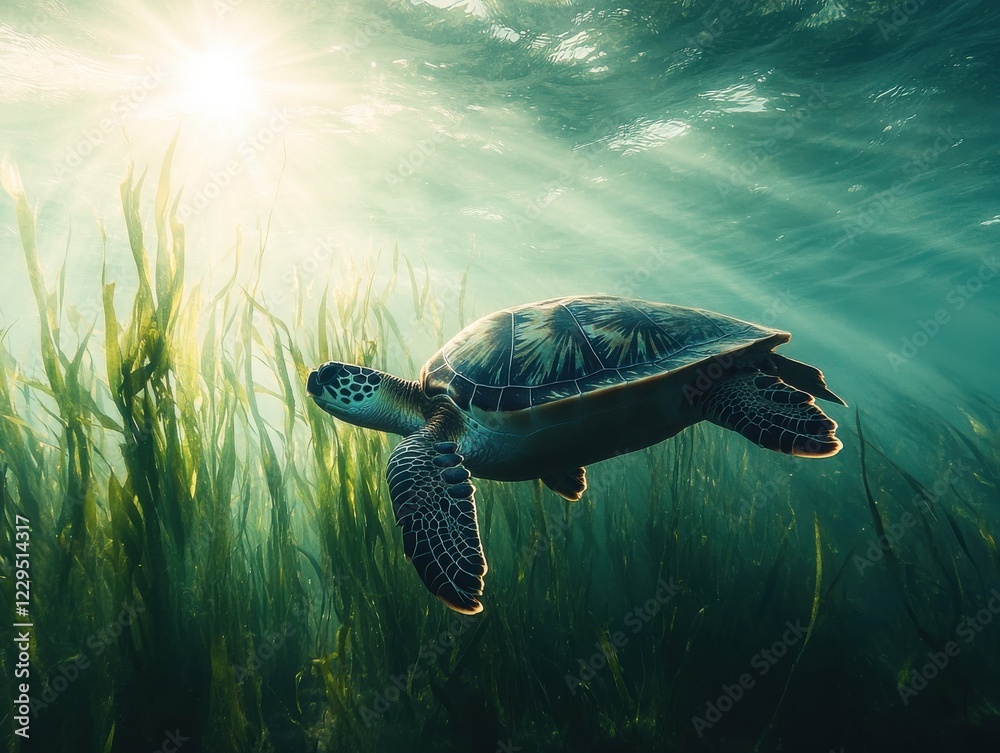 Obraz premium Majestic Sea Turtle Gliding Through Vibrant Underwater Landscape with Sunlight Filtering Through Water Surface and Surrounding Seaweeds