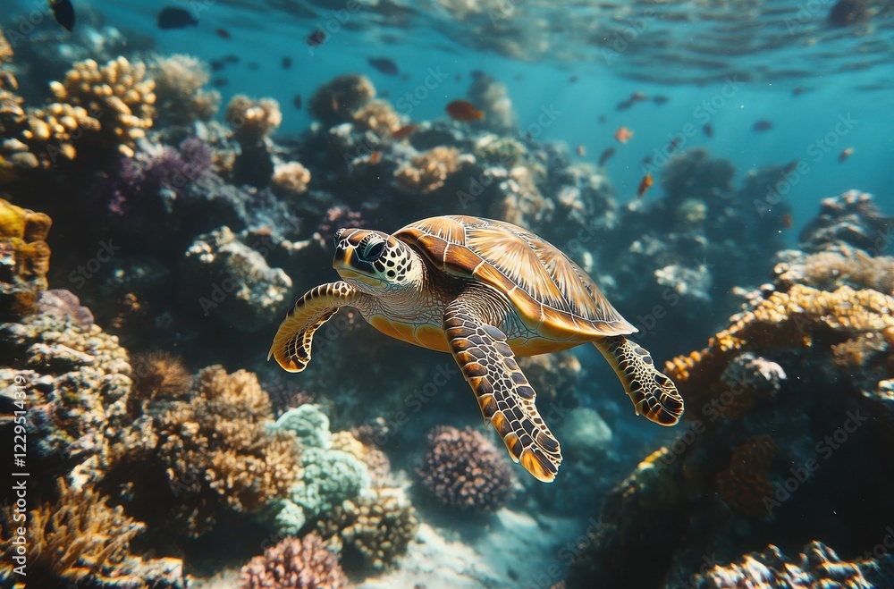Fototapeta premium Majestic Sea Turtle Gliding Through Vibrant Coral Reef with Colorful Marine Life Under Crystal Clear Ocean Water