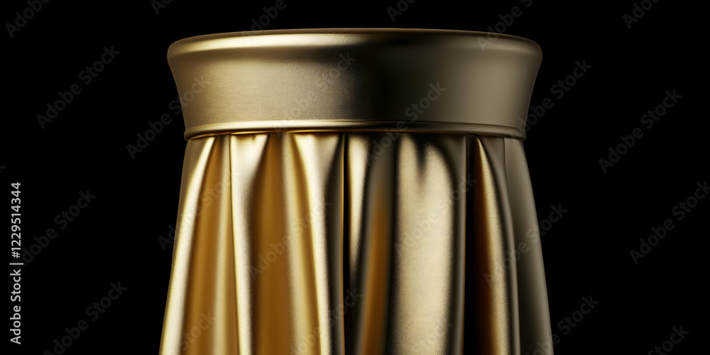Golden Draped Fabric on a Stand: A 3D Render against a Black Background Golden Draped Fabric on a Stand: A 3D Render against a Black Background