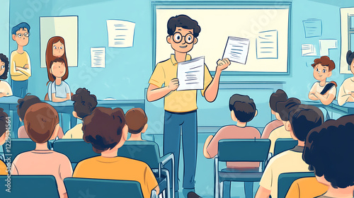A teacher standing at the front of a classroom, holding up a quiz question to eager students (2)