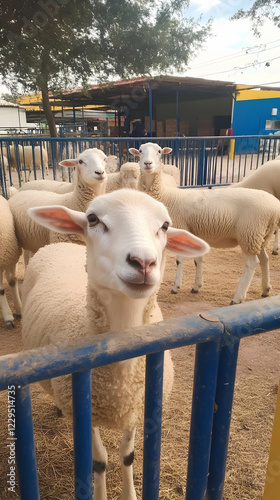 Flock of Sheep Behind Blue ...