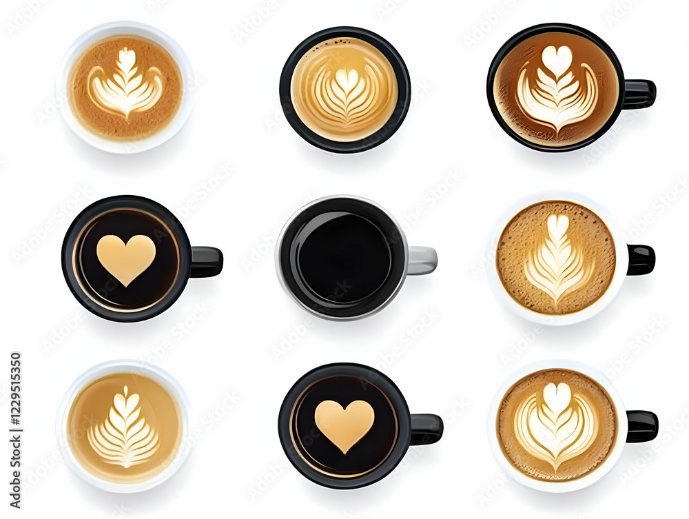 Nine Coffee Cups Displayed with Latte Art and Heart Designs in Black and White Nine Coffee Cups Displayed with Latte Art and Heart Designs in Black and White