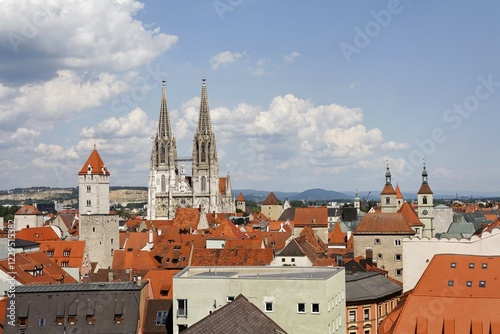 Golden Tower, cathedral, view from the tower of Holy Trinity church, Regensburg, Upper Palatinate, Bavaria, Germany, Europe photo