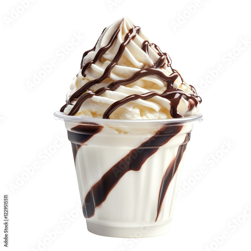 A delectable vanilla ice cream sundae topped with chocolate syrup in a plastic cup.