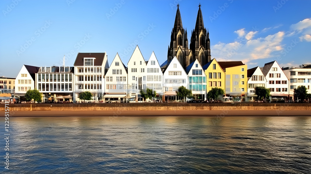 Fototapeta premium Picturesque riverside cityscape reflects in tranquil water, featuring a row of colorful buildings and a majestic cathedral, under a clear blue sky with fluffy clouds.