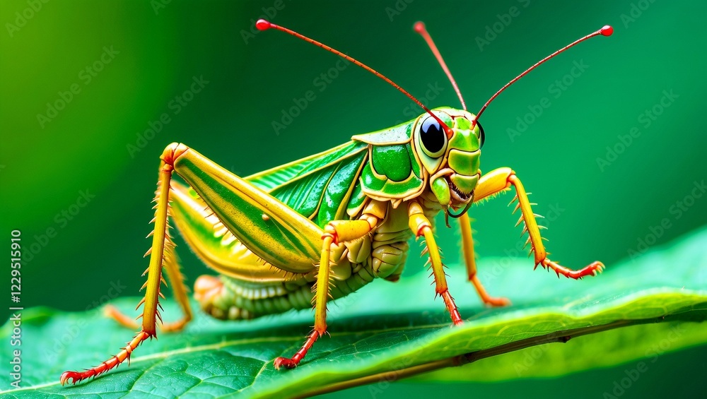 Fototapeta premium Intricate grasshopper resting on leaf surrounded by lush greenery