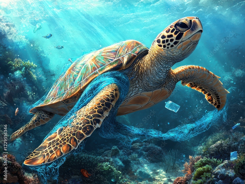Fototapeta premium Majestic Sea Turtle Swimming Gracefully Among Vibrant Coral Reefs, Surrounded by Ocean Life, with Plastic Debris Highlighting Marine Pollution Issues