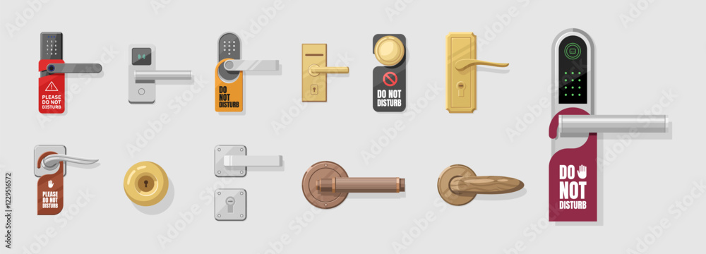 Hotel handle door room set. Door knobs vector icon