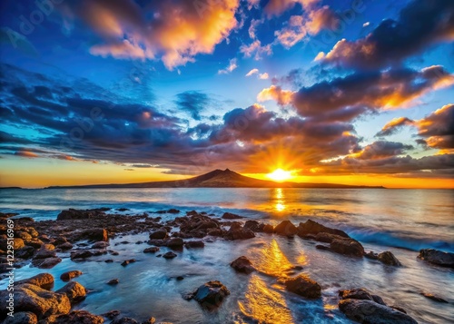 Volcanic beach awakes: Rangitoto's sunrise paints the low-light landscape in vibrant hues. Timelapse magic.