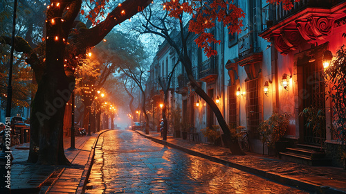 Mexico City in the very old times, all the streets adorned with festive with lights  photo