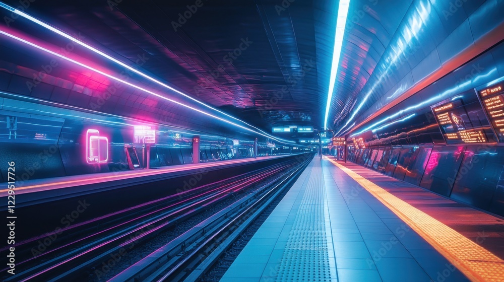 Neon lit futuristic subway station platform with dynamic lights long exposure abstract Neon lit futuristic subway station platform with dynamic lights long exposure abstract