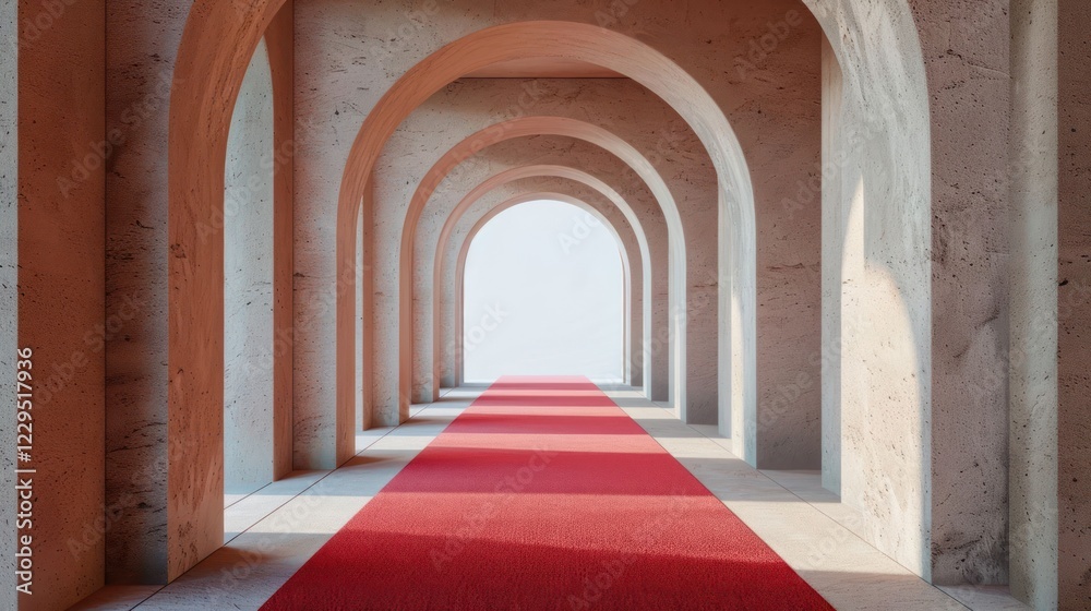 Obraz premium Elegant hallway with arches and a red carpet leading to a bright exit, showcasing minimalist design