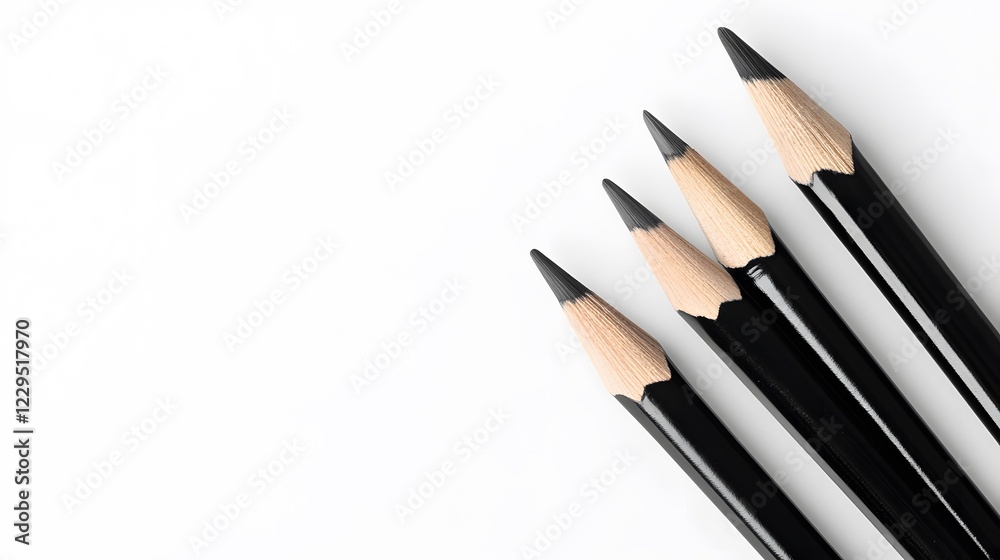 Four sharpened black pencils arranged on a white background. Four sharpened black pencils arranged on a white background.