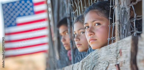 American immigration and United States refugee crisis concept as Mexican people on a USA border. Mexican people stare out the fence with USA flag. USA-Mexico border crisis. photo