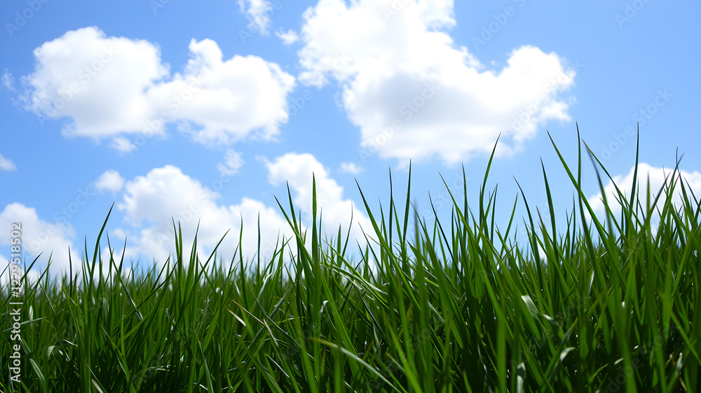 Obraz premium Green grass and blue sky with white clouds