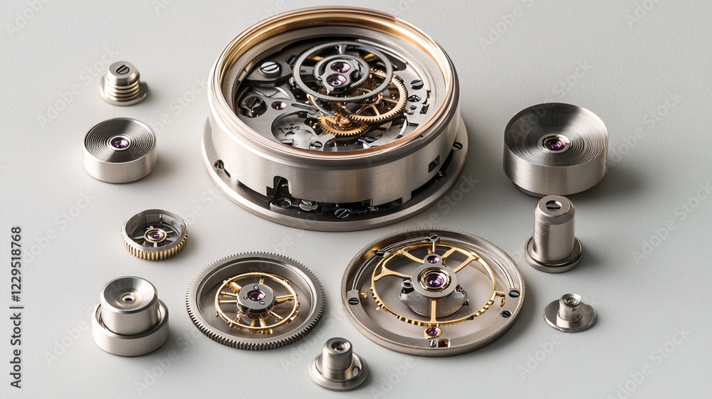 Intricate watch mechanism with gears and jewels arranged artistically on a clean surface