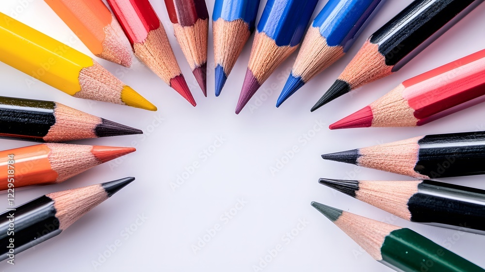 Fototapeta premium Colored pencils arranged in a circle on a white background, creating a vibrant and colorful frame.