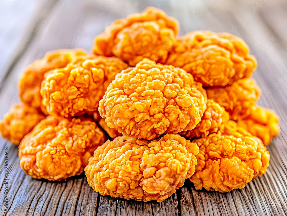 Crispy Fried Chicken Nuggets Piled High on a Rustic Wooden Table, Ready to Eat Crispy Fried Chicken Nuggets Piled High on a Rustic Wooden Table, Ready to Eat
