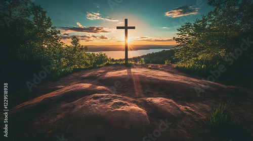 Wooden Cross Stands on a Hi...