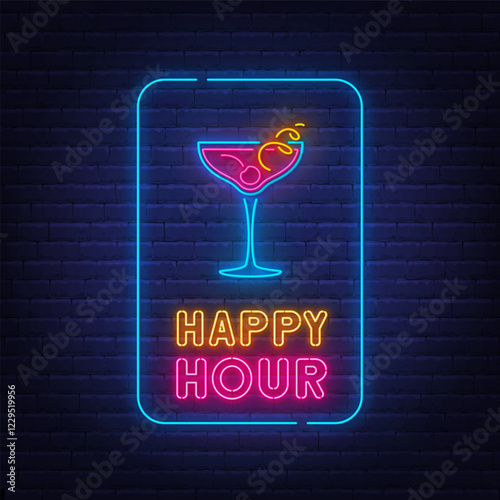 Happy Hour with cocktail neon sign on brick wall background