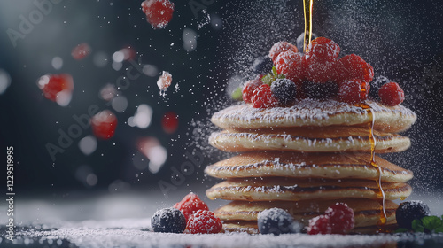 fresh and soft staked american pancakes with syrup and berrys photo