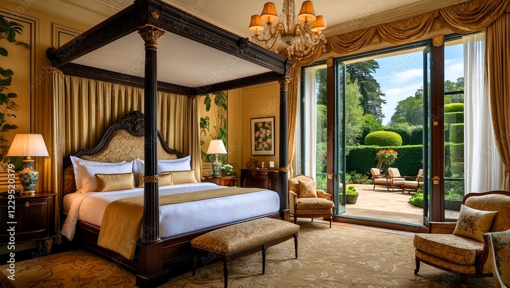 Fototapeta premium Luxurious hotel room with canopy bed and garden views