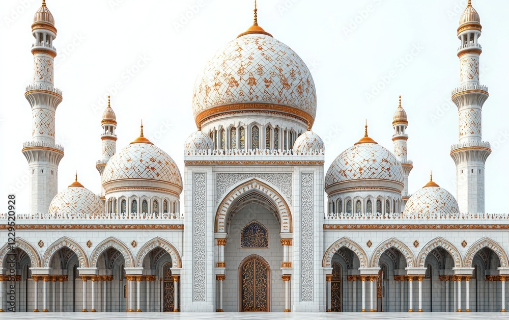 Fototapeta premium Grand white mosque exterior, ornate domes, arches, minarets, clear sky, worship/tourism