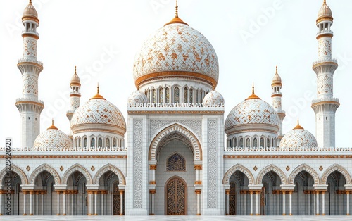 Grand white mosque exterior, ornate domes, arches, minarets, clear sky, worship/tourism photo