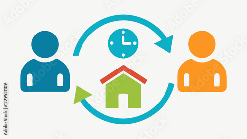 Time Bank Concept A clock icon representing time credits being exchanged between two individuals each icon symbolizing different services like tutoring and house cleaning.