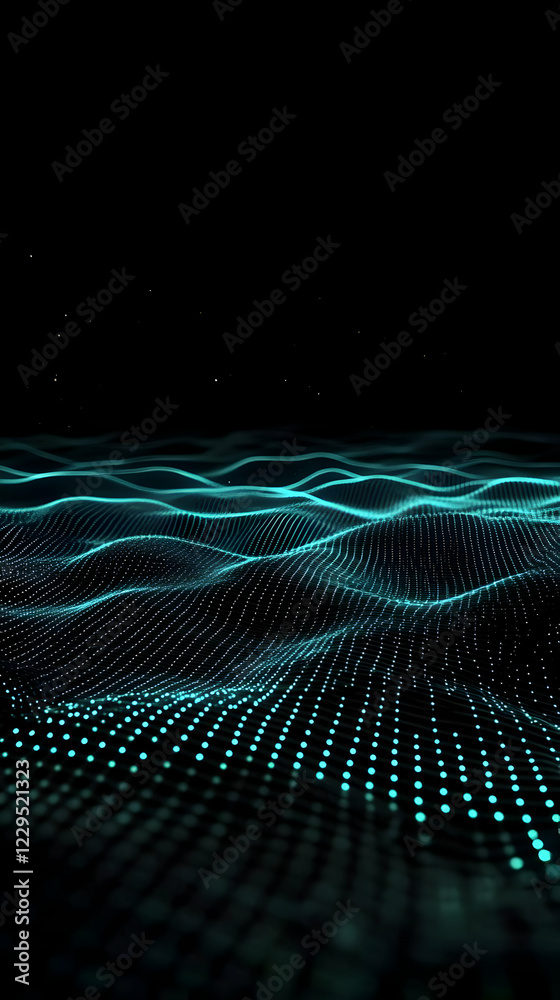 Abstract 3D landscape forms a digital wave pattern with glowing particles and grid lines subtly.