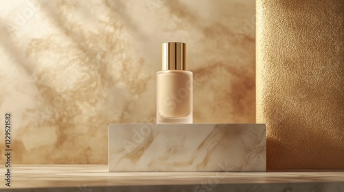 Elegant glass bottle of foundation on marble display in luxurious setting
