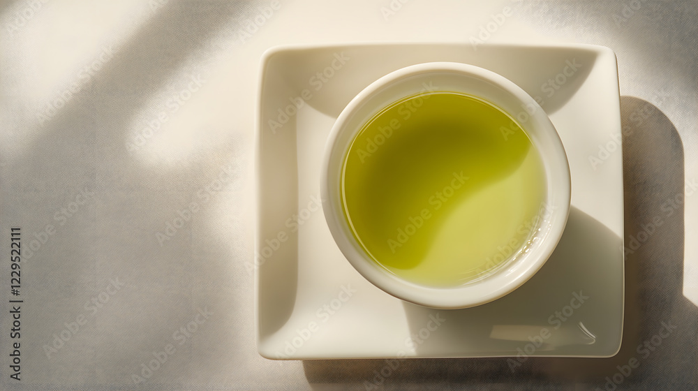 cup of green tea sits on sleek white ceramic plate, bathed in soft sunlight cup of green tea sits on sleek white ceramic plate, bathed in soft sunlight