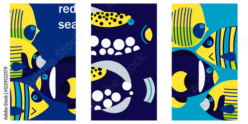 set of banner templates and posters with exotic Red Sea fish. bright geometric fish in close-up. stock vector illustration. EPS 10.
