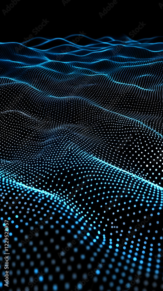 Abstract blue particle wave flows smoothly on a black background. Abstract blue particle wave flows smoothly on a black background.