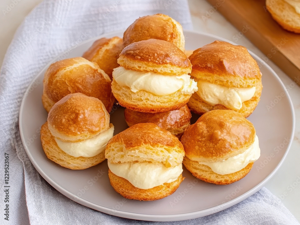 Delicious vanilla flavored profiteroles on fine china plate, showcasing delightful cream filling. Perfect for dessert lovers and special occasions Delicious vanilla flavored profiteroles on fine china plate, showcasing delightful cream filling. Perfect for dessert lovers and special occasions
