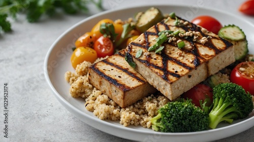 Low-calorie vegan meal with steamed vegetables quinoa and grilled tofu on a white plate top view high detail clean presentation realistic stock photo