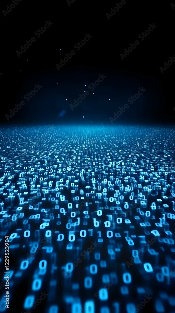 Obraz premium Binary Code Data Stream Flows Across a Dark Background, Representing Digital Information.