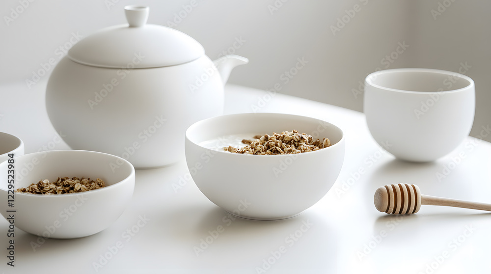 light and fresh breakfast setting with Greek yogurt, honey, and granola in white bowls, accompanied by teapot and cup on white table light and fresh breakfast setting with Greek yogurt, honey, and granola in white bowls, accompanied by teapot and cup on white table