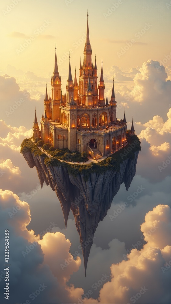 Enchanting castle floating among ethereal clouds at sunset magic hour Enchanting castle floating among ethereal clouds at sunset magic hour
