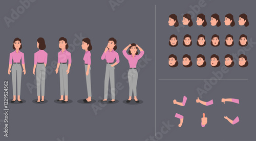A woman character design model sheet with different poses and expressions. Vector illustration
