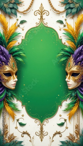 Wallpaper Mural Elegant mardi gras masks adorned with feathers and jewels frame, vibrant green backdrop, creating a festive atmosphere Torontodigital.ca
