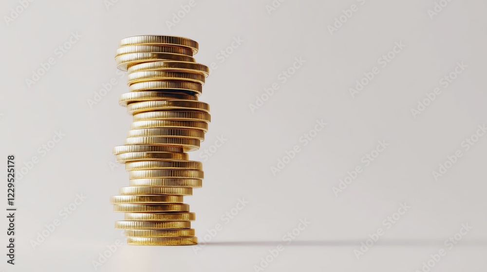 Stacked gold coins growing in height, financial success and investment growth, clean white background Stacked gold coins growing in height, financial success and investment growth, clean white background