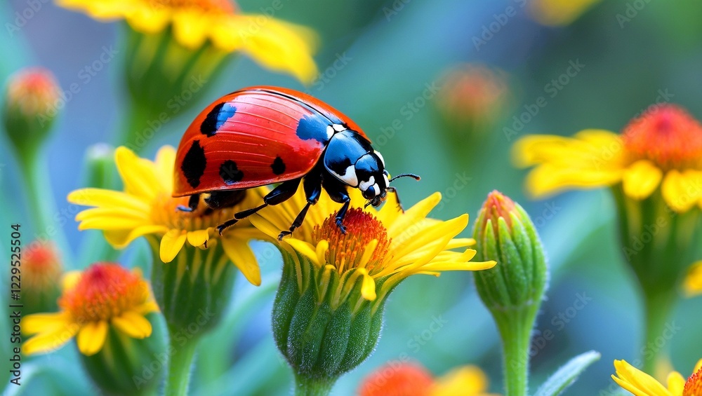 Fototapeta premium Red ladybug resting on bright yellow flowers