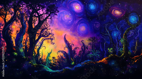 Explore a Vibrant Alien Forest Filled With Luminescent Plants and Cosmic Wonders at Twilight. Generative AI