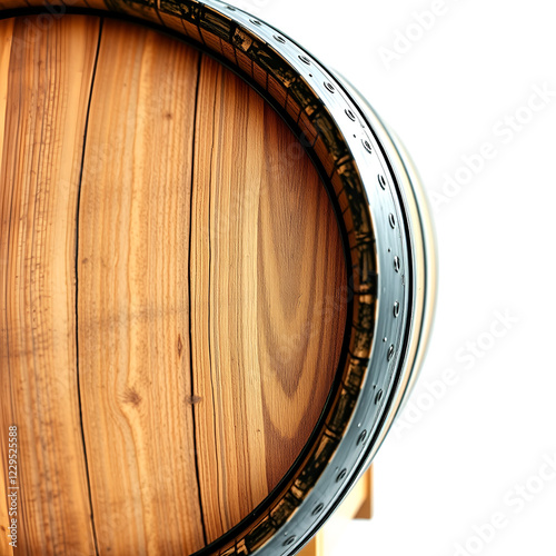 Wine barrel, side view. Old wooden barrel for storing wine close-up, isolated on a white or transparent background. Graphic design element on the theme of wine production. photo